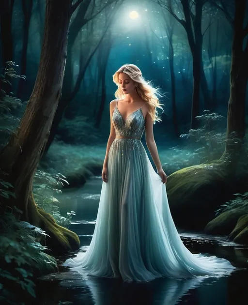 Prompt: Create an image depicting a stunning blonde woman standing in an ancient, moonlit forest. Her ethereal beauty is illuminated by a soft, mysterious ghost light emanating from an unseen source, casting a surreal glow over her and the surrounding ancient trees. The ghost light creates shimmering reflections on a nearby stream, adding to the magical ambiance. The woman is dressed in a flowing, vintage gown that moves gently in the breeze, her expression one of serene enchantment. Around her, fireflies dance, adding sparks of light to the scene, blending the boundaries between the natural and the supernatural. The overall atmosphere is one of captivating beauty, mystery, and a hint of otherworldly presence, encapsulated in a serene, moonlit tableau