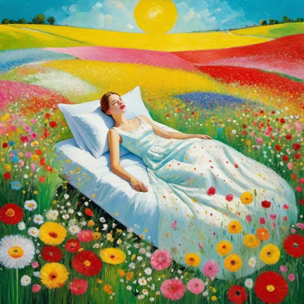 Prompt: Style By Paco yao, Florine Stettheimer, Elisabeth Fredriksson: Waking up in spring, a beautiful girl in a bed in the middle of a field of flowers, a vivid explosion of colors and visual stunning sensations, naive art, impasto, 