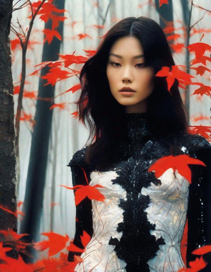 Prompt: A beautiful young lady, beautiful face, wearing opalescent black dress in a ghostly forest of white stem trees with red leaves, god rays through the tees, rim lighting, art by Mario Sorrenti, Masaaki Sasamoto,  Yves Saint-Laurent, Paolo Roversi, Thomas Edwin Mostyn, Hiro isono, James Wilson Morrice, Axel Scheffler, Gerhard Richter, pol Ledent, Robert Ryman. Guache Impasto and volumetric lighting. Mixed media, elegant, intricate, beautiful, award winning, fantastic view, 4K 3D, high definition, hdr, focused, iridescent watercolor and ink