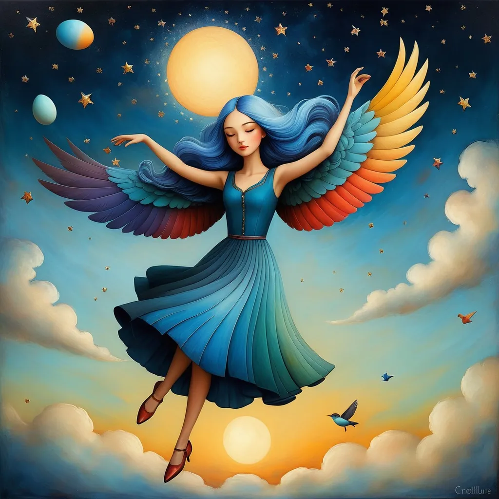 Prompt: In style of christian Schloe and daria Petrilli, a giant colorful bird flying in a whimsical night sky with a beautiful cute girl , she has a very long and wild  ombre gradient blue hair, and is flying on the Bird back . Craquelure, egg tempera effect, Naive art, extremely detailed, optical illusion, oil painting 