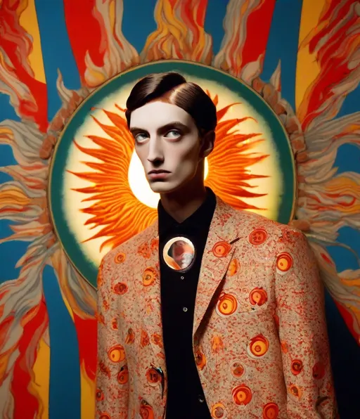 Prompt: flaming heliocentric Young handsome sun god vampire in fornasetti style, by laurie simmons, whimsical tapestry background 