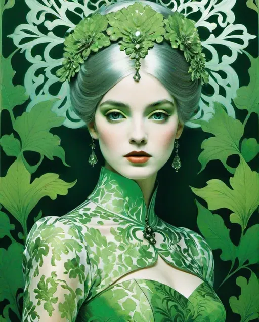 Prompt: Style by Dina Wakley, Omar Galliani, Childe Hassam, Erwin Blumenfeld, Jack Davison, Mary Cassatt, Beatriz Milhazes, Aubrey Beardsley: The beautiful ghostly girl, android with molten filigree green leaves damask ornamental pattern, fauna and androids are become one unit, biotechnical, art nouveau