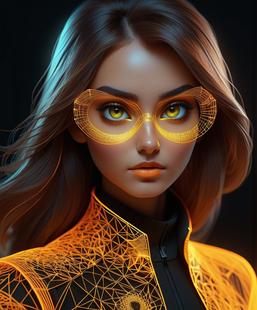 Prompt: soul of wireframe hologram, The person's eyes are a captivating feature, glowing smoothly with a luminous yellow-orange hue, creating a stark contrast against the dark surroundings vector::5 captivating Vector Art Design::4 designed in illustrator, curvilinear vector polygons, intricate detailing, 16 themed-colors, award-winning 2d design, flat design, ultra-detailed, visionary strokes, 8k premium export