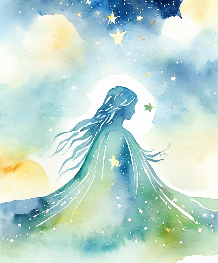 Prompt: Figurative watercolor of a human figure composed of starlight, dreamy and etherial, hopeful and optimistic 