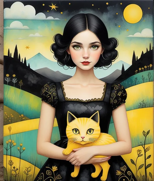 Prompt: Ghastly kooky young lady wonder, wearing a vibrant black dress, holding a beautiful yellow cat, Mindy Sommers, Marc Johns, Mary Engelbreit, dreamy landscape background, piercing odd colored eyes, encaustic texture.