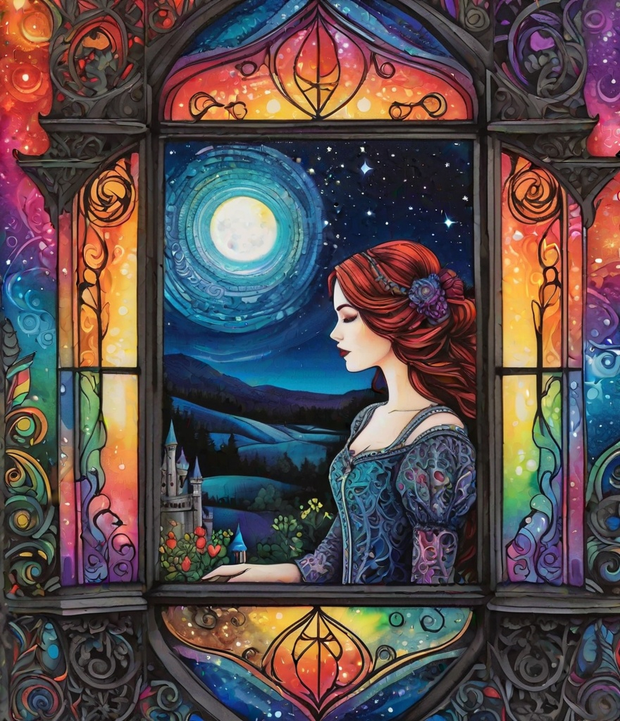 Prompt: a zentangle ferrotype portrait of In a gothic galaxy castle a vampire gazes through a window at the ethereal magic layers swirling in the vivid rainbow solar night in the style of Melanie Delon,  Victoria Francés, Rebeca Saray, Lin Fengmian, Anna dittmann, Justin Gaffrey, Michael Creese