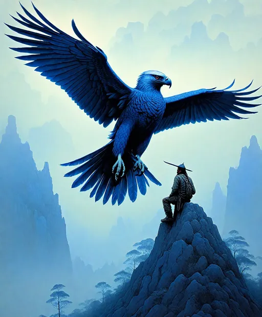 Prompt:  a liliputian native indian rides a gigantic indigo harpy eagle, art by Zdzisław Beksiński  