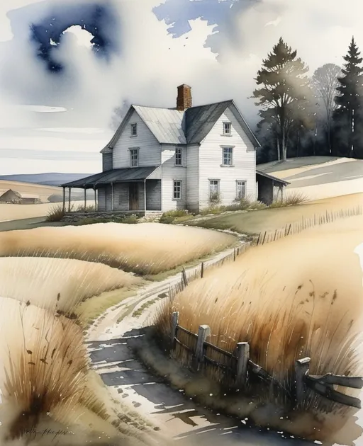 Prompt: A watercolor painting inspired by Andrew Wyeth, titled 'The Magus's Homestead.' This artwork features a lone, rustic farmhouse where the Magus resides, set against the stark, expansive backdrop of the countryside. Wyeth's mastery of texture and detail is reflected in the depiction of the weathered wood and surrounding landscape, evoking a sense of solitude and timelessness. The farmhouse, with its open door, invites curiosity about the Magus's life and work within, blending the mundane with the magical in a quietly profound narrative. 