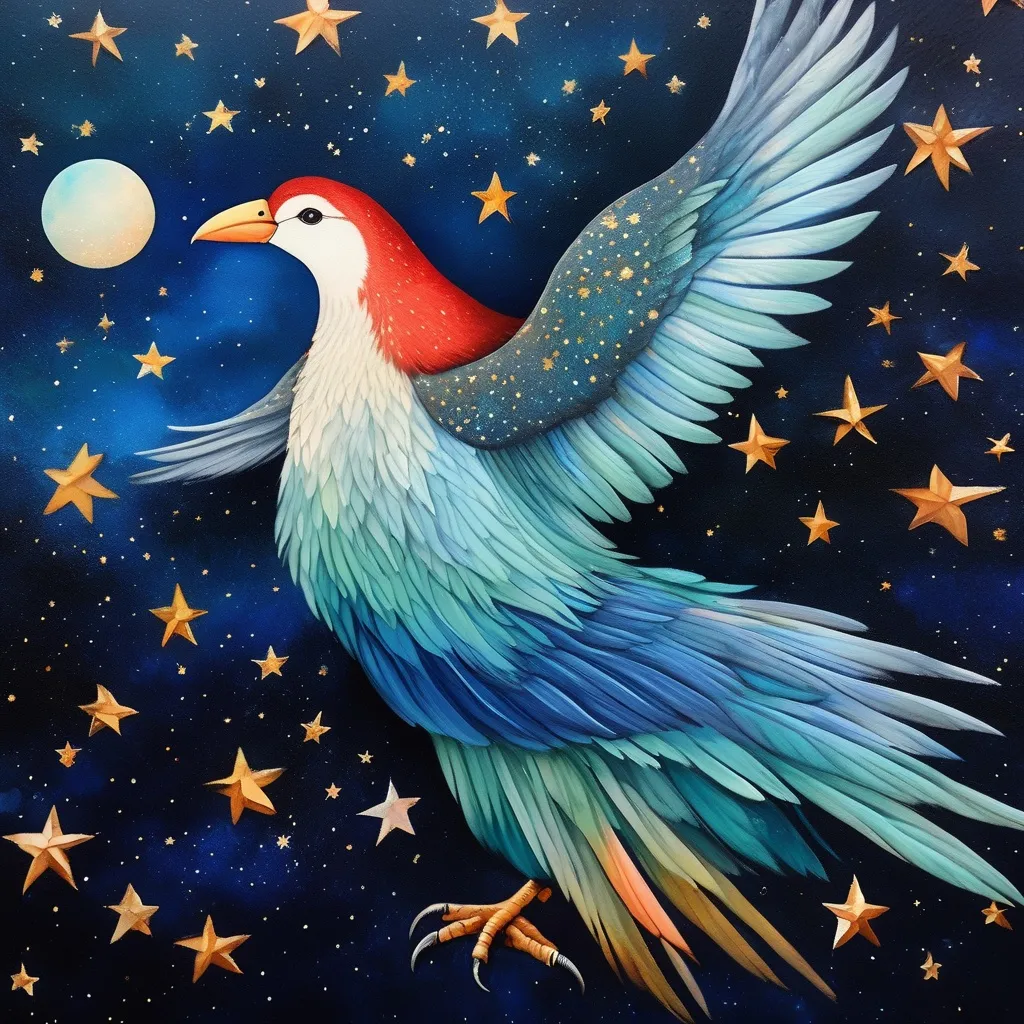 Prompt: In style of christian Schloe and daria Petrilli, a giant colorful bird flying in a starry night sky with a beautiful cute girl with a very long and wild  ombre gradient blue hair on its back . Craquelure, egg tempera effect, Naive art, extremely detailed, optical illusion, oil painting 