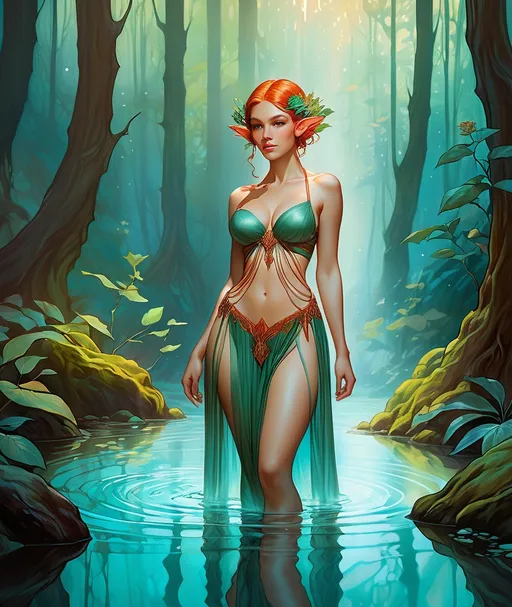 Prompt: 3/4 body portrait of A lovely wood-elf wading through a hot spring in a carboniferous forest, art by james jean, alphonse mucha, Anna dittmann, Karol bak, high quality, cinematic quality, vibrant colors, dramatic lighting, 4k, 