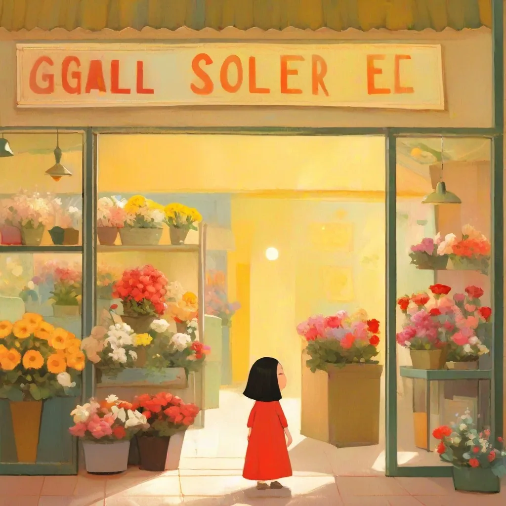 Prompt: cartoon illustration of girl buying flowers in a flower shop garage sale, with moon decor in the background, in the style of duy huynh, arch frame, uhd image, yanjun cheng, edwin lord weeks, dark yellow and light red, dreamscape portraiture, colorful gardens