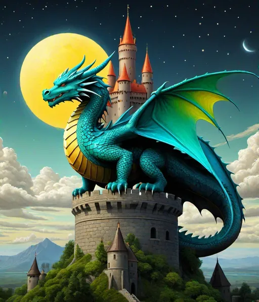 Prompt: heliocentric dragon perched a top a castle: in the style of alcoholinks, vibrant'colors, Science Fantasy, Luminism: art by Anton Semenov, Carl Ray, Fernando Botero