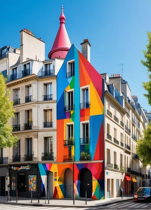 Prompt: Okuda San Miguel: A vibrant street art mural in Paris, reimagined in a constructivist glitch art style. The Montmartre district serves as the canvas, where geometric patterns and multicolored themes of existentialism blend with iconic Parisian elements, all disrupted by digital abstractions, 3d,  imax quality visuals, ilm, weta digital, 32k uhd 