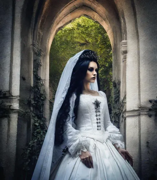 Prompt: Gothic art photography. Menacing beauty. Photonegative refractograph. High contrast. Color corrected. Cinematic. 