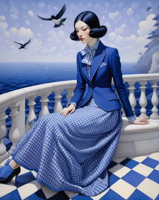 Prompt:  sartorial sea princess and the thornbird, , elegant, romanza, fine detail, houndstooth, checks, wooly, i feel the lavender haze creeping up on me , ultramarine, titanium, james jean, Bastien Lecouffe-Deharme, Hayv Kahraman, milo manara, 