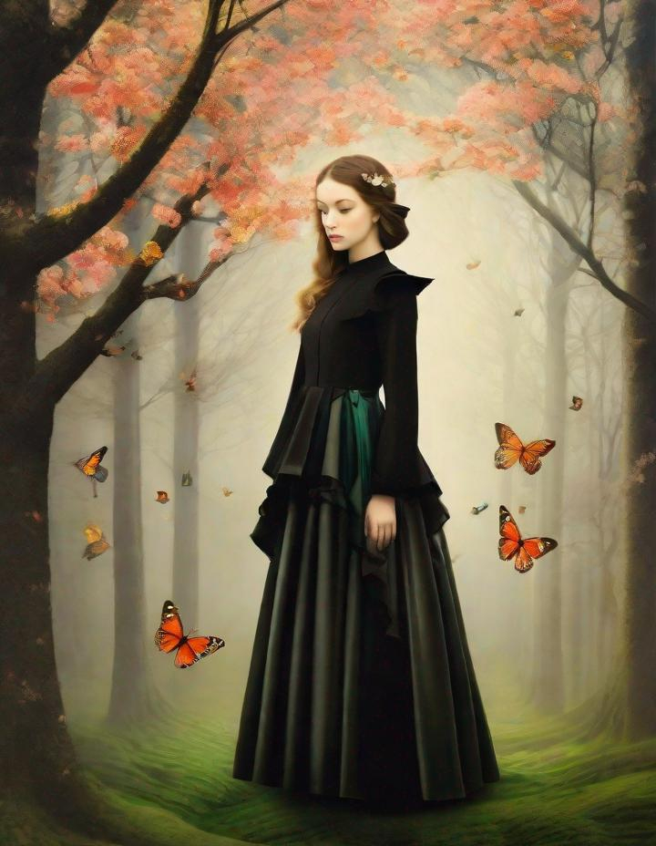 Prompt: Lovely pretty beautiful young lady, beautiful face, in a magical whimsical fashion forest in bloom art art by  Christian Schloe, Yves Saint-Laurent, Yulia Brodskaya, Edward Julius Detmold, Paolo Roversi, Thomas Edwin Mostyn, Hiro isono, James Wilson Morrice, Axel Scheffler, Gerhard Richter, pol Ledent, Robert Ryman. Guache Impasto and volumetric lighting. Mixed media, elegant, intricate, beautiful, award winning, fantastic view, 4K 3D, high definition, hdr, focused, iridescent watercolor and ink