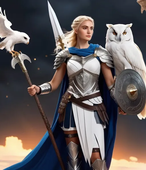 Prompt: A girl of stunning beauty in Greek armor with a white spear and a white owl on her shoulder stands relaxed on the Bifrost, waiting for the approaching Odin with ravens on his shoulders and a black spear 