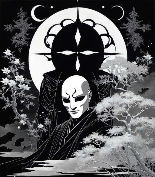 Prompt: sandman:: photonegative refractograph sandman morpheus wearing his sigil mask in the dreaming:: with his sister death, japanese art, painting, monotone 