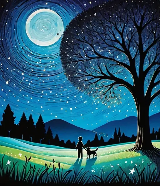 Prompt: Style by Don Hertzfeldt, Florence Broadhurst: A whimsical night scene, a heartwarming duo of stick figure boy and father under the moonlight, a dog,  surrounded by a mesmerizing field of trees, a dreamlike ambiance, enchanting and magical feel, naive art style with a touch of impasto, vibrant colors, surreal and imaginative setting, intricate details in the tree foliage, stars twinkling in the sky, 