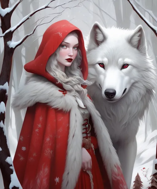 Prompt: The beautiful Red Riding Hood is in love with the Big white Winter wolf, detailed, fern leaves, Snow, by artgerm, tom bagshaw, Megan duncanson, James Jean, shaun tan, madoka magica, by kay nielsen, embossing fairy tale, whimsical, trending on artstation. Super clear resolution, elegant beautiful, lovely, best quality, beautifully lit, vray tracing