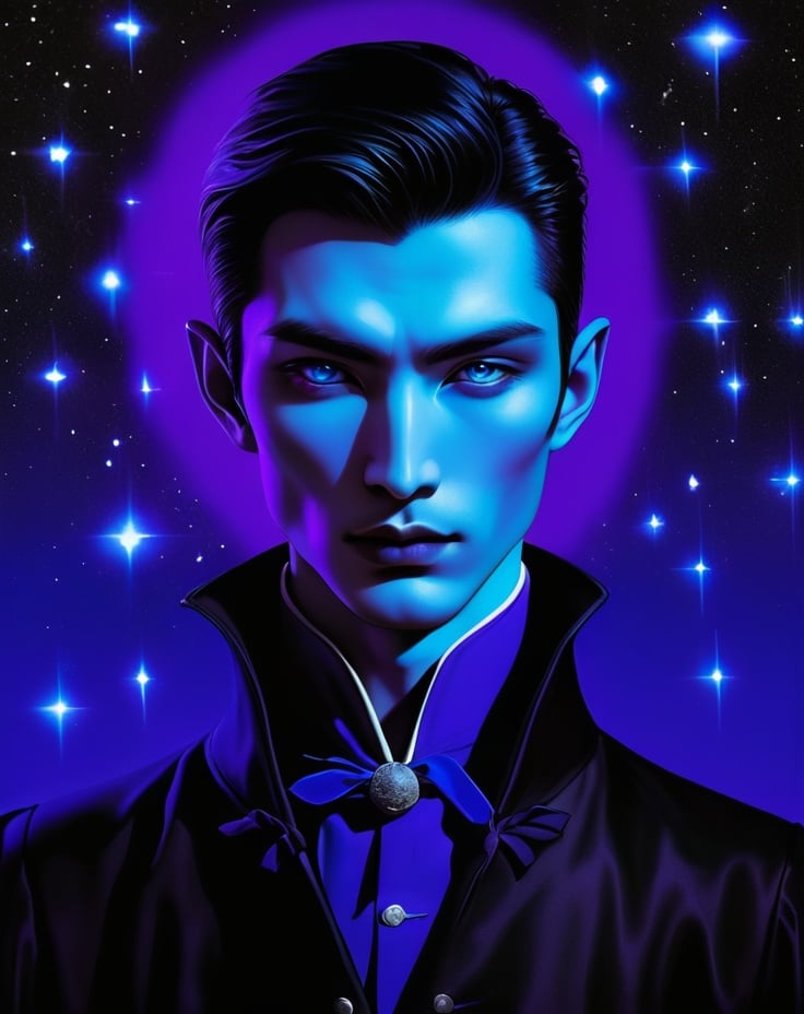 Prompt: handsome charming vampire of mongolia in vivid neon blurple color, fornasetti style, by laurie simmons, minimal male figures, starry nights 