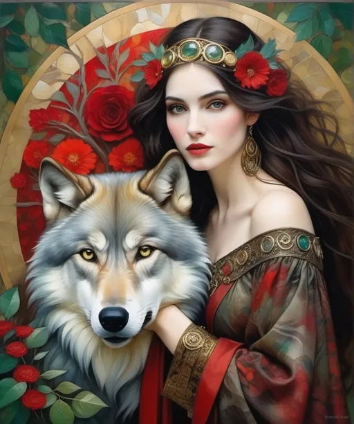 Prompt: Style by Klimt, John La Farge, Jeannette Guichard-Bunel: mystical portrait of a woman with pale skin and dark hair embracing a large, realistic grey wolf. The background is an abstract forest of rich, deep greens and reds, possibly suggesting a forest or floral scene. The woman's attire and the wolf are adorned with ornate, gold-tinged patterns and elements reminiscent of steampunk or mechanical design, with gears and cogs. The overall composition combines elements of nature with intricate, mechanical designs, invoking a sense of magical realism.