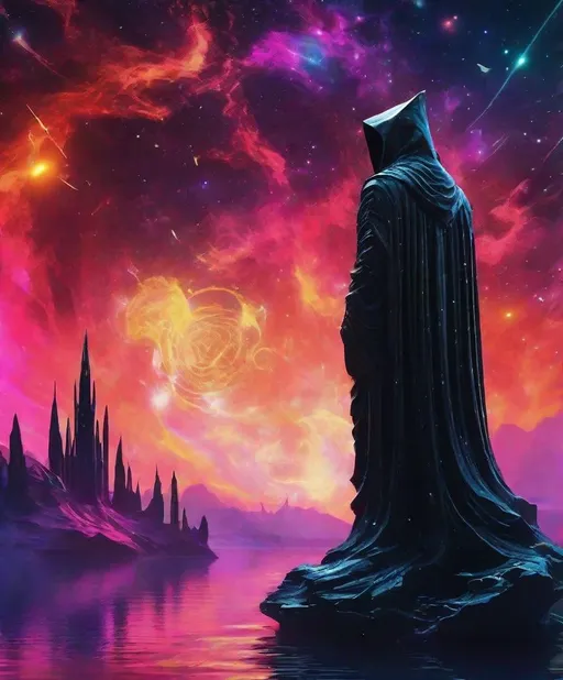 Prompt: a close up shot of an eroding marble statue of a cloaked figure. The statue is emerging from a rippling liquid nebula in deep space resembling a deep and dark black ocean pierced by vibrant spires of neon gas expected by the great horned owl cluster. Mysterious towers lurch in the background, backlit by a heavenly glow trending in psychosis