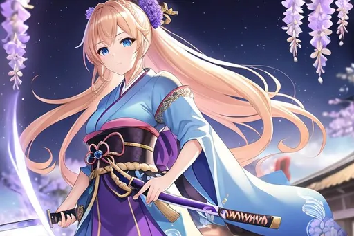 Prompt: young female samurai, long brown-blond braided hair, ocean blue eyes, wearing a blue kimono, hyper realism, digital art Very detailed, anime character, zoomed out view, standing, wielding a katana, blue hydrangea hair ornament, wisteria in the background