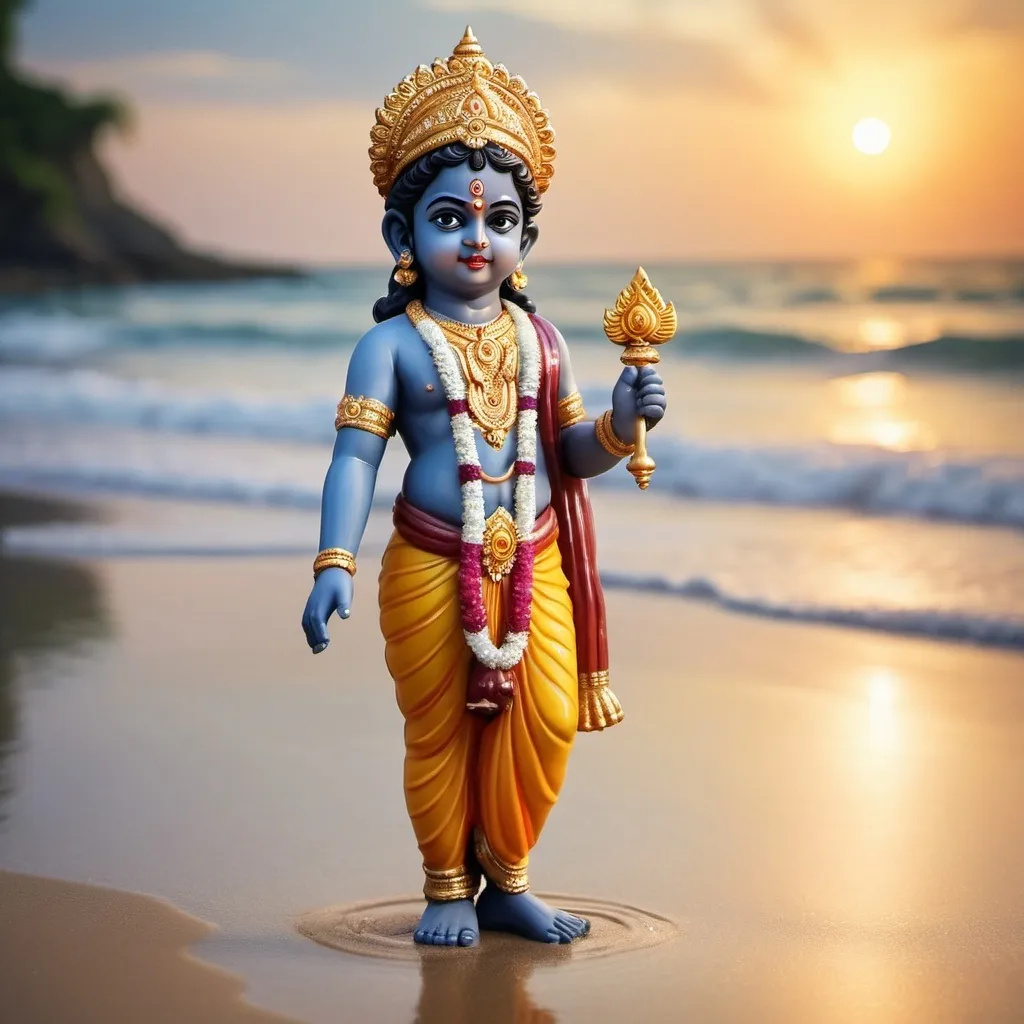 Prompt: child lord murugan with cute face  walking on the sea shore holding divine vel 