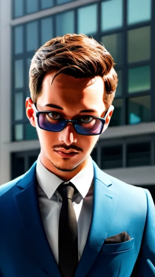 Prompt: A young professional male with brown hair, a beard, and blue eyes wearing a blue suit.
