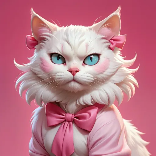 Prompt: a white cat with a pink bow on its head and a pink shirt on its chest and chest, with a pink background, Artgerm, furry art, trending on art station, a character portrait