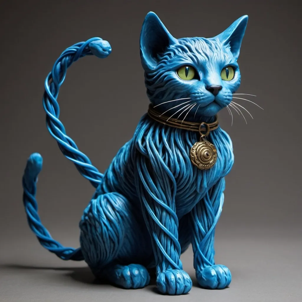 Prompt: I want you to create a mythical creature. Its body is a blue cable and it has the head of a cat.