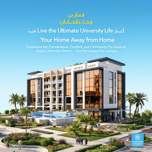 Prompt: Marketing & Promotional Campaign :  create a flyer about having dorms near campus for Zayed university students , make sure to add all the things needed for a promotional campaign and add the price , make it look appealing eye catching