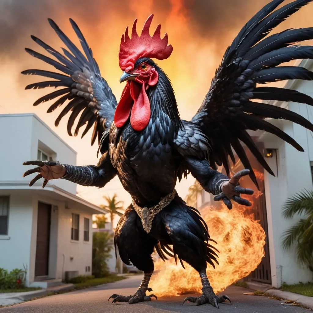 Prompt: A menacing black feathered rooster with muscles and biceps. Red eyes glowing. Long razor, sharp, red claws. Flying In air in attack mode in middle of a miami street. A red ring of feathers surround his neck. A palm tree behind him is on fire - Sun is setting behind him 

A house is also on fire 
