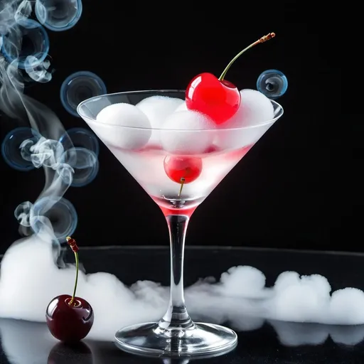 Prompt: Dry ice martini with two maraschino cherries. Filled with smoke trapped by a bubble