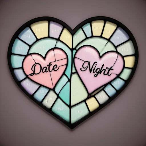 Prompt: simple stained glass hearts in cute pastels with the text date night