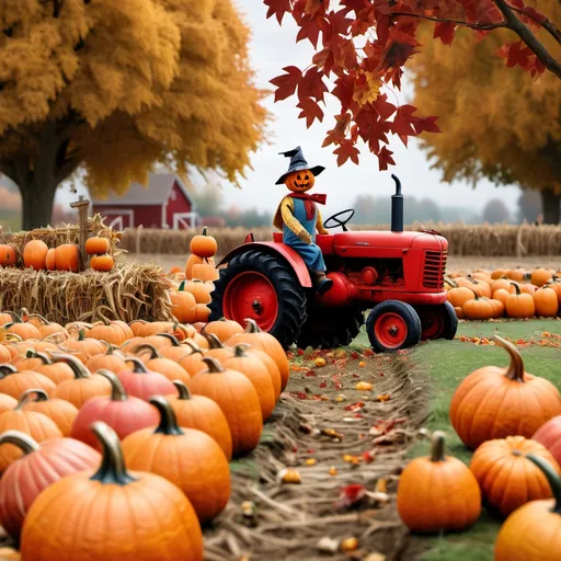 Prompt: pumpkin patch with a scarecrow in the background and a red tractor in it and autumn leaves all over