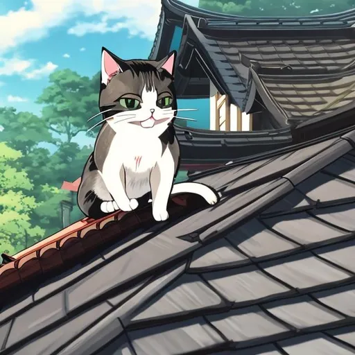 Prompt: Anime cat sitting on jappanesse style roof