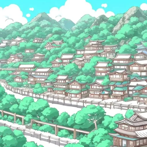 Prompt: A cute japanese town sitting by a mountain with a river running throw it, in an anime style.