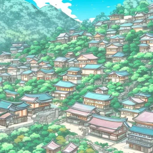 Prompt: A cute japanese town sitting by a mountain anime style.