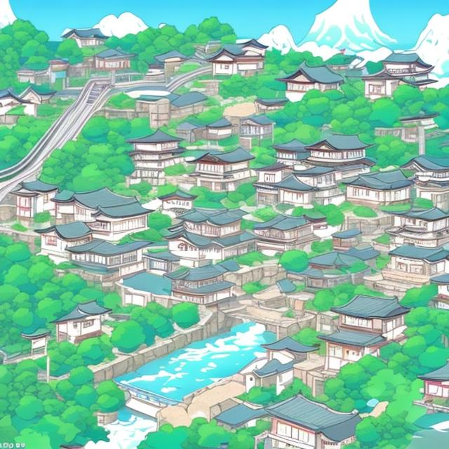 Prompt: A cute japanese town sitting by a mountain with a river running throw it, in an anime style.