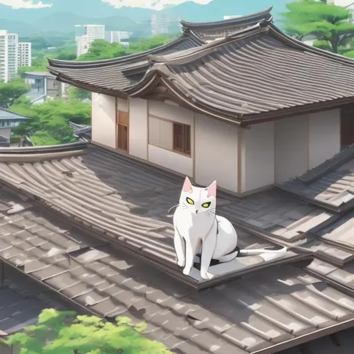 Prompt: japanese cat sitting on a roof anime
