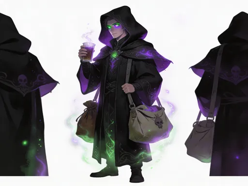Prompt: Mage class, sub-class Necromancy school, Human race, most of his robes are black and his robes have a slight sheen of purple and green magic, he has a large hood, he is of medium height, he has two bags in one, he carries a drink, he has green eyes but when he uses magic they are purple