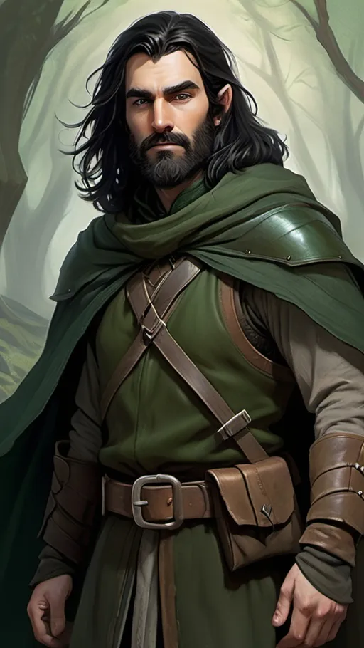 Prompt: A tall male Dunedain ranger from Tolkien's world with  unkempt long black hair and a  two days' growth of beard. He is about fourty-five years old. He is wearing a dark green cape with a hood. He wears a leather armour. He has grey eyes.