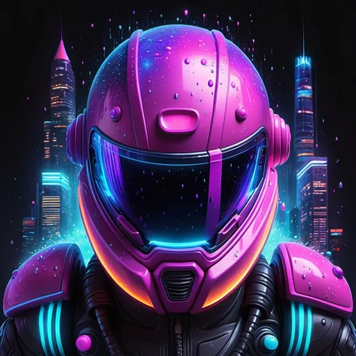 Prompt: "Create an ultra-detailed, vibrant scene featuring a giant neon helmet glowing with electric blues, purples, and pinks against a galaxy, dark backdrop. The helmet is enormous, towering over small playful figures energetically cleaning its surface. These figures, dressed in colorful neon suits, wield oversized hoses that spray glistening water droplets. The droplets refract the neon lights, creating mini rainbows as they fall. The scene is filled with dynamic motion, with figures balancing on ladders or floating using neon-powered propulsion, adding a sense of fluidity and energy. The helmet’s surface is glossy, with reflections and iridescent details, and soft neon halos that spill into the dark, atmospheric background. The mood is whimsical and energetic, filled with bright, surreal proportions that emphasize the contrast between the helmet and tiny figures. The lighting should be highly detailed, with glowing water that fuses with the neon lights, creating a vibrant and playful atmosphere. The entire scene should feel like a dream-like, futuristic celebration of teamwork and fun, with intricate textures and glowing highlights throughout."