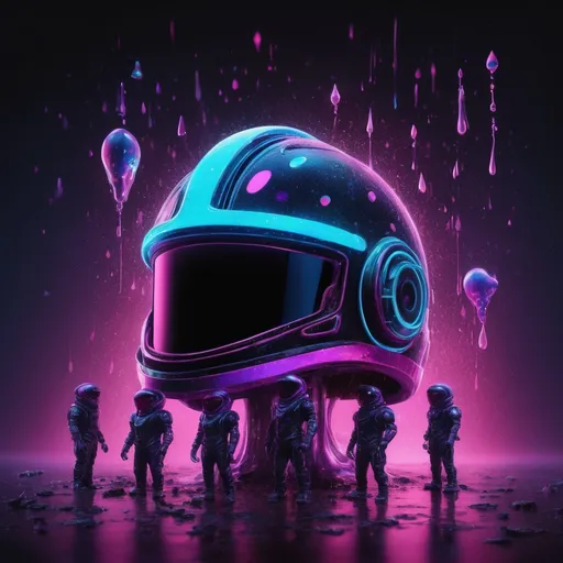 Prompt: "Create an ultra-detailed, vibrant scene featuring a giant neon helmet glowing with electric blues, purples, and pinks against a galaxy, dark backdrop. The helmet is enormous, towering over small playful figures energetically cleaning its surface. These figures, dressed in colorful neon suits, wield oversized hoses that spray glistening water droplets. The droplets refract the neon lights, creating mini rainbows as they fall. The scene is filled with dynamic motion, with figures balancing on ladders or floating using neon-powered propulsion, adding a sense of fluidity and energy. The helmet’s surface is glossy, with reflections and iridescent details, and soft neon halos that spill into the dark, atmospheric background. The mood is whimsical and energetic, filled with bright, surreal proportions that emphasize the contrast between the helmet and tiny figures. The lighting should be highly detailed, with glowing water that fuses with the neon lights, creating a vibrant and playful atmosphere. The entire scene should feel like a dream-like, futuristic celebration of teamwork and fun, with intricate textures and glowing highlights throughout."