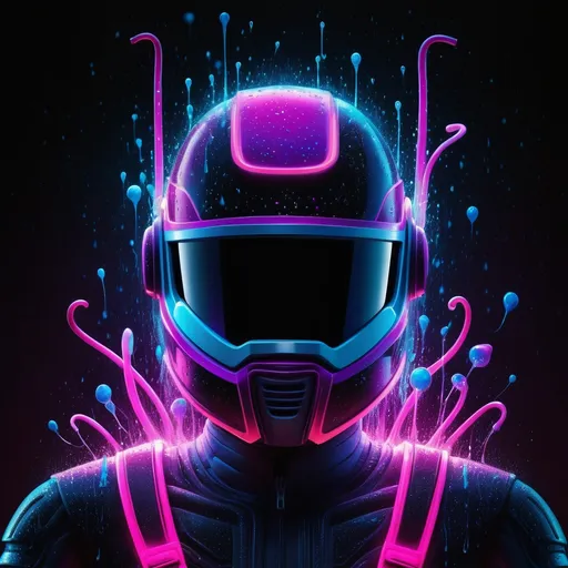 Prompt: "Create an ultra-detailed, vibrant scene featuring a giant neon helmet glowing with electric blues, purples, and pinks against a galaxy, dark backdrop. The helmet is enormous, towering over small playful figures energetically cleaning its surface. These figures, dressed in colorful neon suits, wield oversized hoses that spray glistening water droplets. The droplets refract the neon lights, creating mini rainbows as they fall. The scene is filled with dynamic motion, with figures balancing on ladders or floating using neon-powered propulsion, adding a sense of fluidity and energy. The helmet’s surface is glossy, with reflections and iridescent details, and soft neon halos that spill into the dark, atmospheric background. The mood is whimsical and energetic, filled with bright, surreal proportions that emphasize the contrast between the helmet and tiny figures. The lighting should be highly detailed, with glowing water that fuses with the neon lights, creating a vibrant and playful atmosphere. The entire scene should feel like a dream-like, futuristic celebration of teamwork and fun, with intricate textures and glowing highlights throughout."