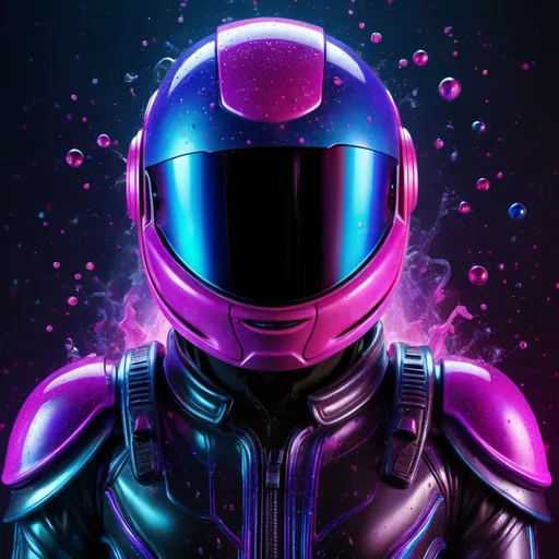 Prompt: "Create an ultra-detailed, vibrant scene featuring a giant neon helmet glowing with electric blues, purples, and pinks against a galaxy, dark backdrop. The helmet is enormous, towering over small playful figures energetically cleaning its surface. These figures, dressed in colorful neon suits, wield oversized hoses that spray glistening water droplets. The droplets refract the neon lights, creating mini rainbows as they fall. The scene is filled with dynamic motion, with figures balancing on ladders or floating using neon-powered propulsion, adding a sense of fluidity and energy. The helmet’s surface is glossy, with reflections and iridescent details, and soft neon halos that spill into the dark, atmospheric background. The mood is whimsical and energetic, filled with bright, surreal proportions that emphasize the contrast between the helmet and tiny figures. The lighting should be highly detailed, with glowing water that fuses with the neon lights, creating a vibrant and playful atmosphere. The entire scene should feel like a dream-like, futuristic celebration of teamwork and fun, with intricate textures and glowing highlights throughout."