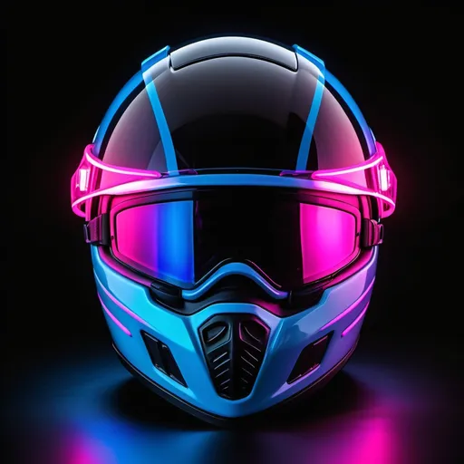 Prompt: Motorcycle helmet, illuminated with vibrant neon lights, showcasing a striking glass visor reflecting shades of pink and blue, set against a mysterious dark background. The intense glow creates a captivating contrast, evoking an edgy, futuristic vibe. A silhouette of a motorcyclist in a helmet enhances the dynamic atmosphere, suggesting speed and adventure. High-definition, ultra-detailed quality emphasizing the neon brilliance.