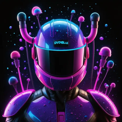 Prompt: "Create an ultra-detailed, vibrant scene featuring a giant neon helmet glowing with electric blues, purples, and pinks against a galaxy, dark backdrop. The helmet is enormous, towering over small playful figures energetically cleaning its surface. These figures, dressed in colorful neon suits, wield oversized hoses that spray glistening water droplets. The droplets refract the neon lights, creating mini rainbows as they fall. The scene is filled with dynamic motion, with figures balancing on ladders or floating using neon-powered propulsion, adding a sense of fluidity and energy. The helmet’s surface is glossy, with reflections and iridescent details, and soft neon halos that spill into the dark, atmospheric background. The mood is whimsical and energetic, filled with bright, surreal proportions that emphasize the contrast between the helmet and tiny figures. The lighting should be highly detailed, with glowing water that fuses with the neon lights, creating a vibrant and playful atmosphere. The entire scene should feel like a dream-like, futuristic celebration of teamwork and fun, with intricate textures and glowing highlights throughout."